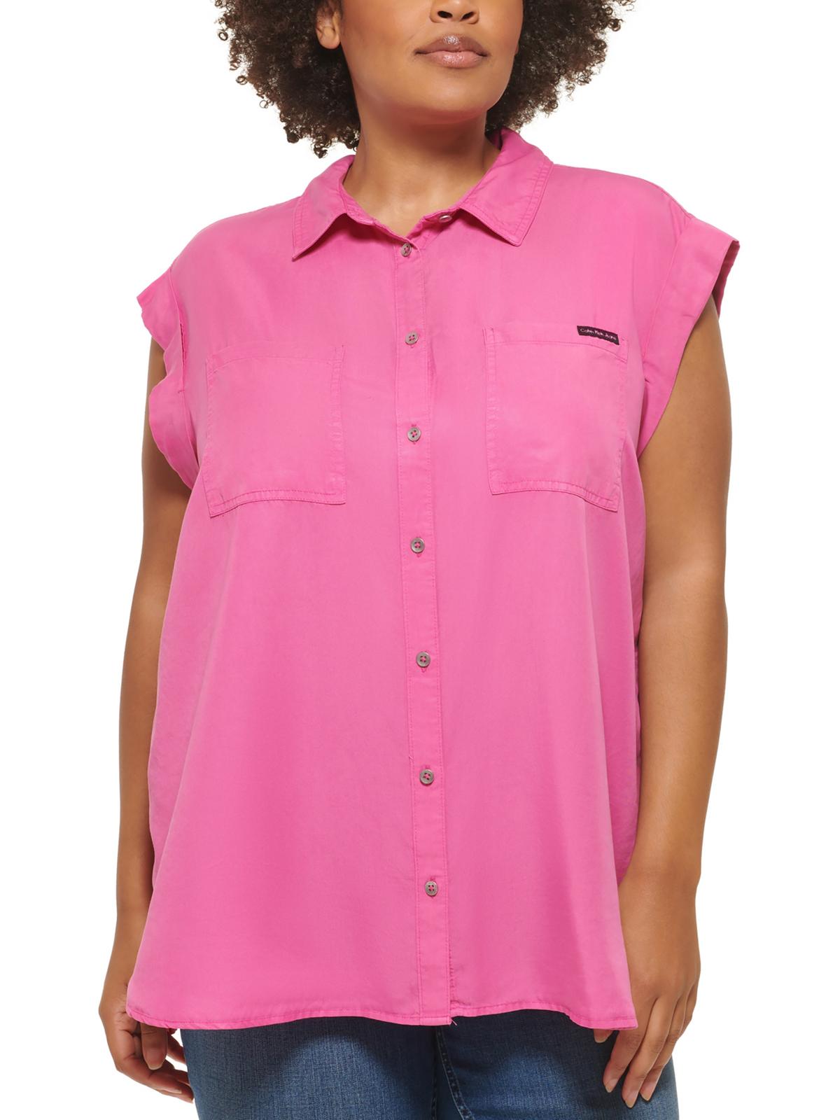 Calvin Klein Jeans Womens Plus Tencel Collared Button-Down Top